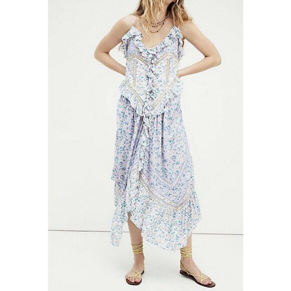 Free People Cannon Moon Maxi Top Dress XS Lace Trim Floral Ruffles - Picture 1 of 7
